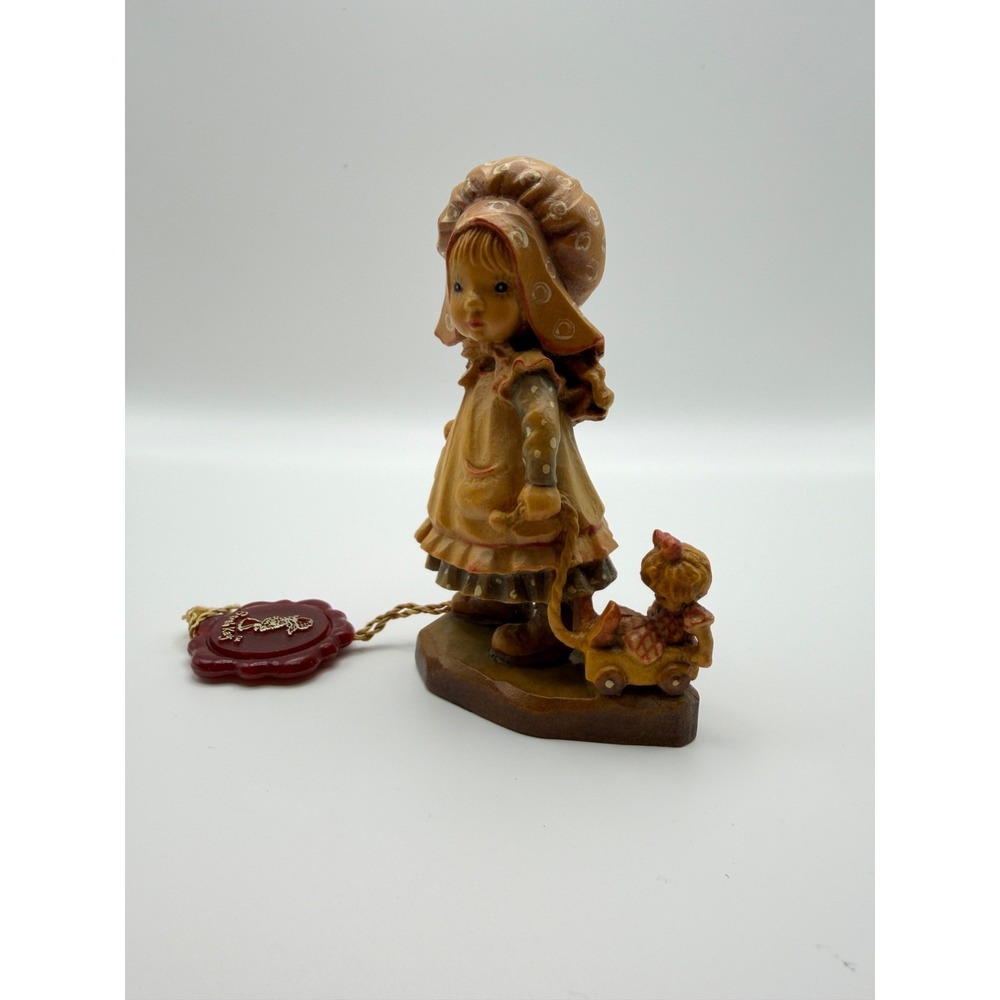 ANRI Sarah Kay "Playtime" Vintage Wood Figurine Girl w/ Doll & Wagon 4 inches